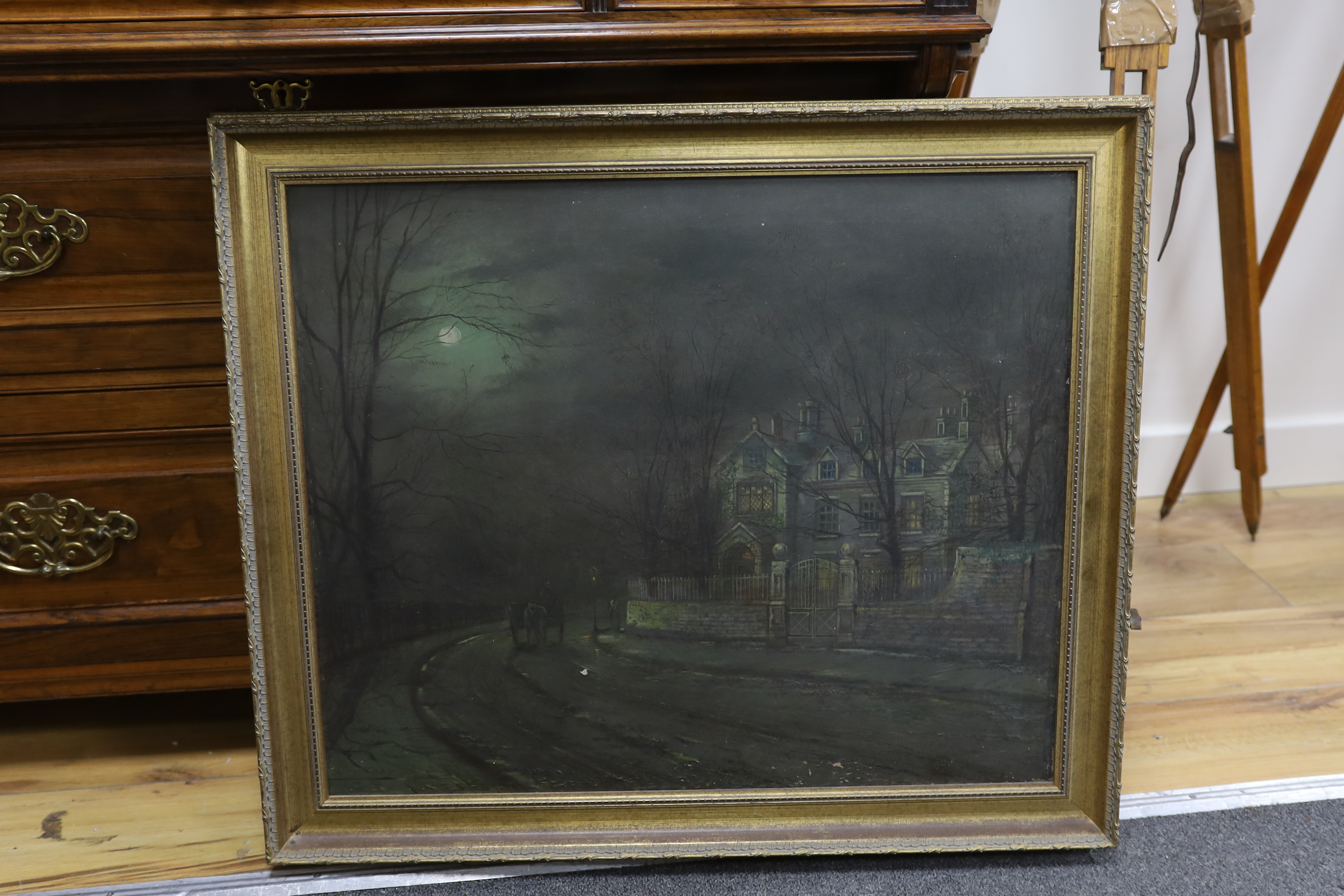 After John Atkinson Grimshaw (1836-1893), oil on canvas, Moonlit street scene, unsigned, 49 x 59cm